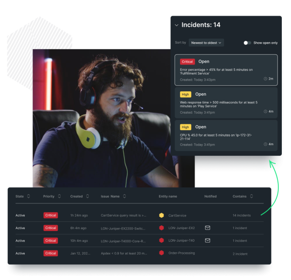 Layered graphics showing a person and dashboard data