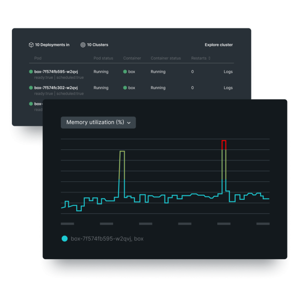 Screen with the APM Kubernetes UI with deployment information and cluster resource metrics.